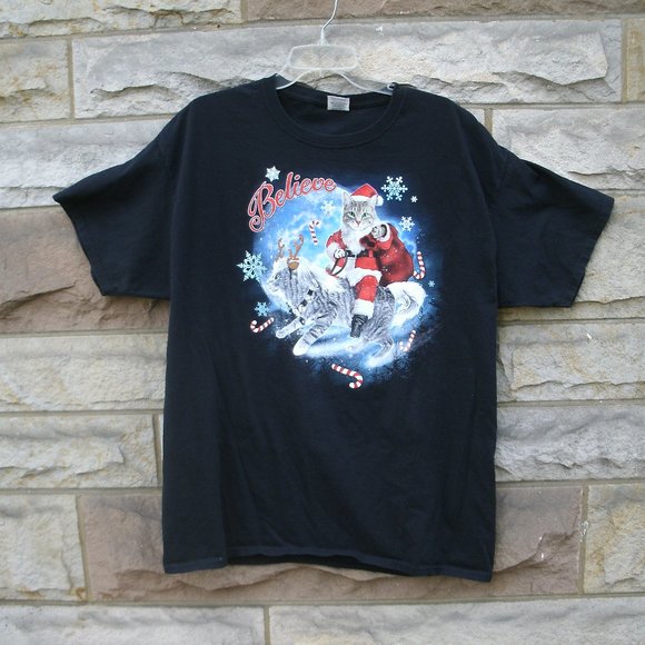 Fruit of the Loom Tops - Santa Cat Riding Reindeer Cat T-Shirt Size XL